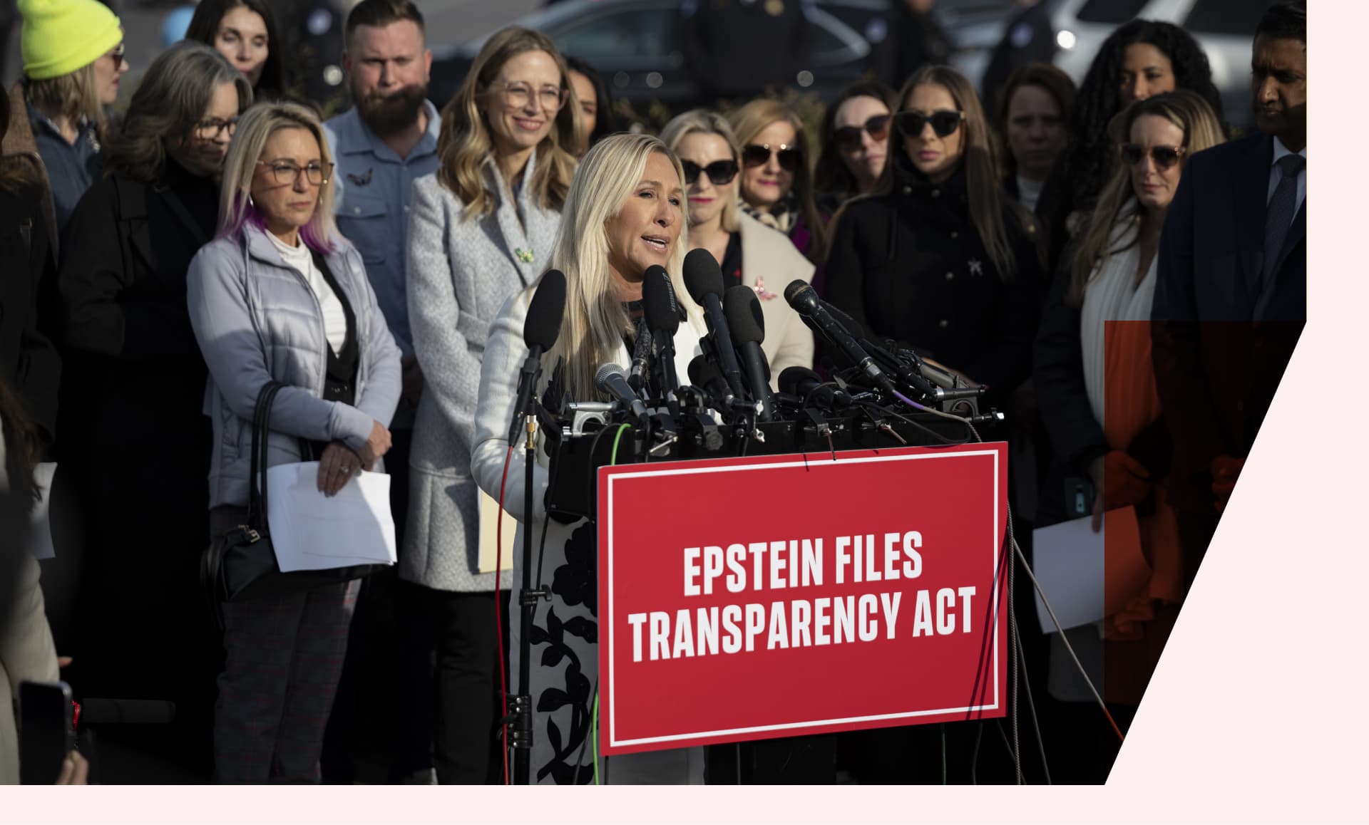 US Representative Marjorie Taylor Greene speaks during the press conference on the Epstein Files Transparency Act with the Epstein abuse survivors at the US Capitol in Washington, DC, on November 18, 2025.