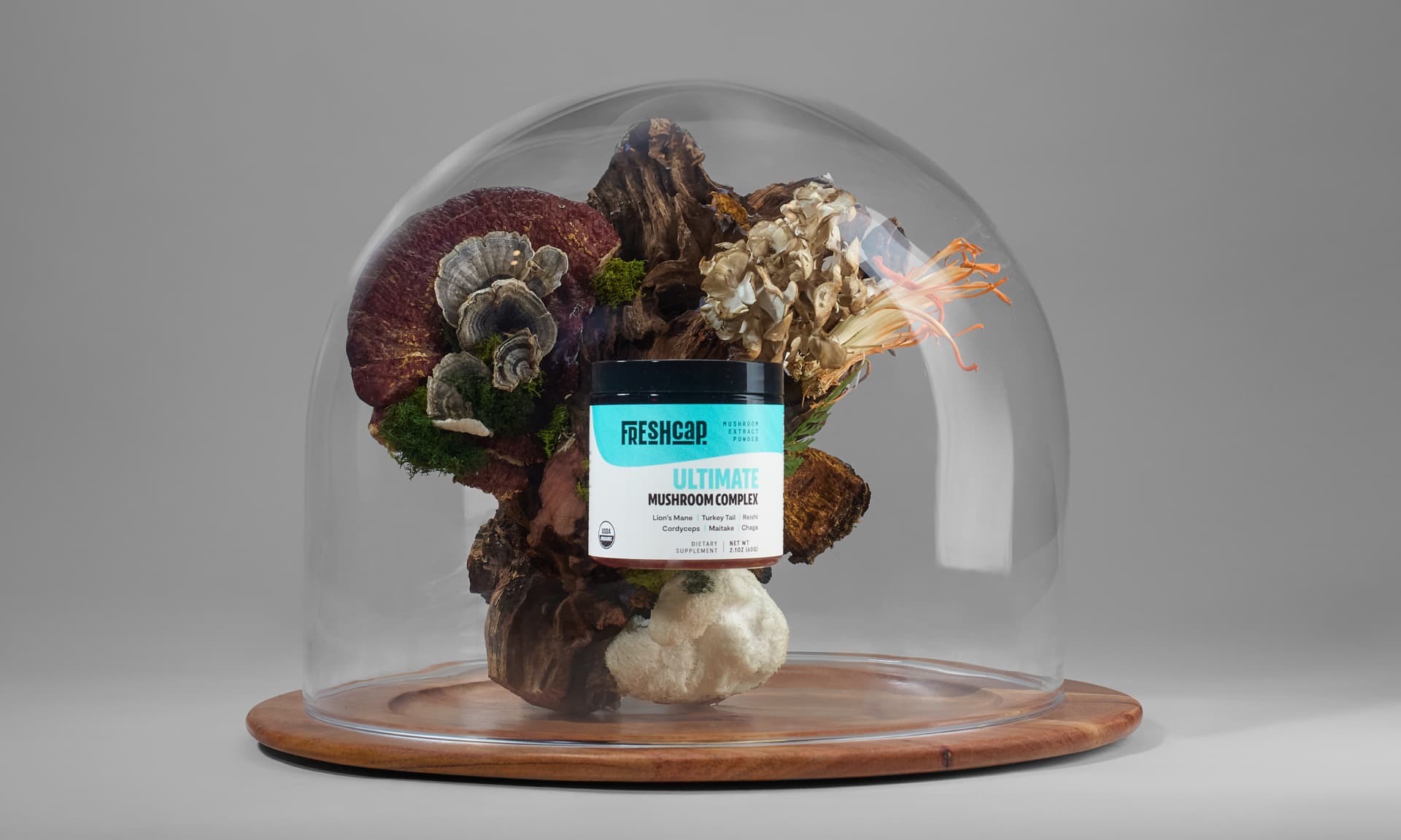 freshcap supplement and mushrooms under a glass dome