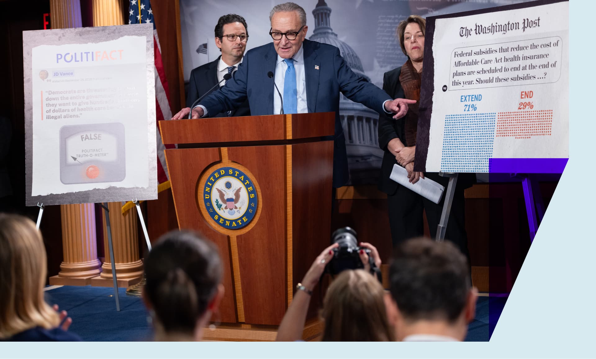 Senate Minority Leader Chuck Schumer (D-NY) speaks at a press conference with Senator Amy Klobuchar (D-MN) and Senator Brian Schatz (D-HI) following another round of failed votes in the Senate to pass government funding