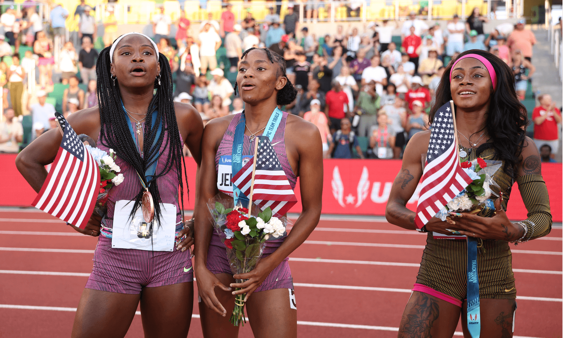 Twanisha Terry, Melissa Jefferson, and Sha'Carri Richardson, after competing in the women's 100 meter final during the U.S. Olympic Team Track & Field Trials